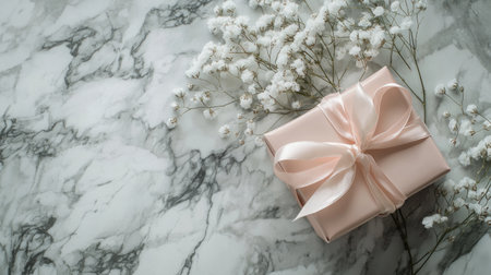Pastel colored gift box with ribbon and gypsophila flowers arranged generative aiの素材