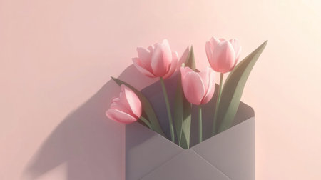 Pink tulips in a gray envelope on pastel peach background, soft and elegant, generative aiの素材
