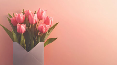 Pink tulips in a gray envelope on pastel peach background, soft and elegant, generative aiの素材