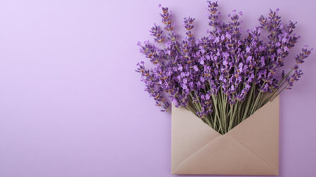 Purple lavender flowers in a kraft envelope on a pale lavender background, soft and natural, generative aiの素材