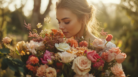 Pretty woman in a garden, holding an overflowing bouquet of assorted flowers generative aiの素材