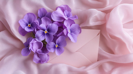 Purple violets in a soft pink envelope on a pastel lilac background, delicate and sweet, generative aiの素材