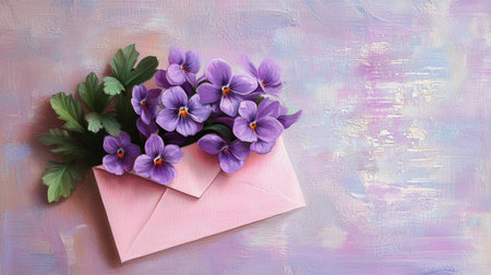 Purple violets in a soft pink envelope on a pastel lilac background, delicate and sweet, generative aiの素材