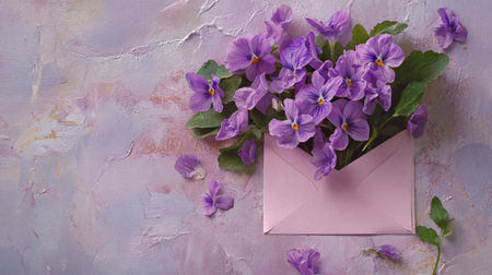 Purple violets in a soft pink envelope on a pastel lilac background, delicate and sweet, generative aiの素材