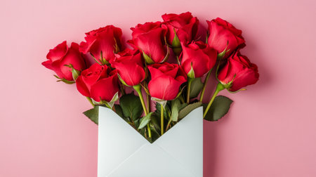 Red roses in a white envelope on pastel pink background, minimalist style, generative aiの素材