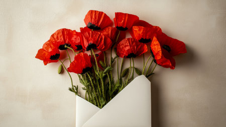 Red poppies in a white envelope on beige background, vibrant and bold generative aiの素材