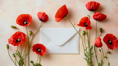 Red poppies in a white envelope on beige background, vibrant and bold generative aiの素材