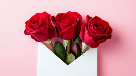 Red roses in a white envelope on pastel pink background, minimalist style, generative aiの素材