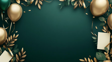 Green and gold balloon frame with leafy details, elegant ribbons generative aiの素材
