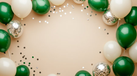 Green and white balloon frame with silver confetti, minimalist style generative aiの素材