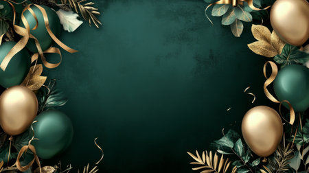 Green and gold balloon frame with leafy details, elegant ribbons generative aiの素材