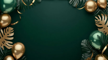 Green and gold balloon frame with leafy details, elegant ribbons generative aiの素材