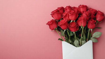 Red roses in a white envelope on pastel pink background, minimalist style, generative aiの素材