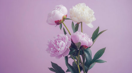 Pink and white peonies on a pastel violet background, soft and feminine generative aiの素材