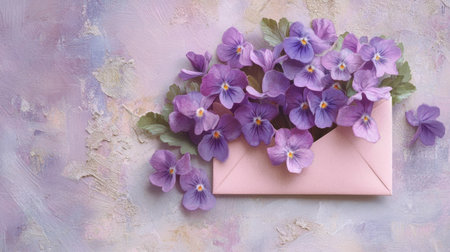 Purple violets in a soft pink envelope on a pastel lilac background, delicate and sweet, generative aiの素材