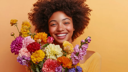 Cheerful woman holding a vibrant bouquet of assorted flowers, smiling happily on a pastel background generative aiの素材