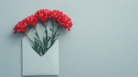 Bright red carnations in a white envelope on a light gray background, classic and bold, generative aiの素材