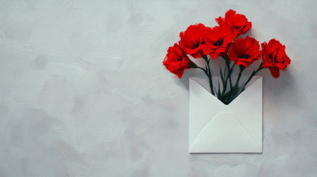 Bright red carnations in a white envelope on a light gray background, classic and bold, generative aiの素材