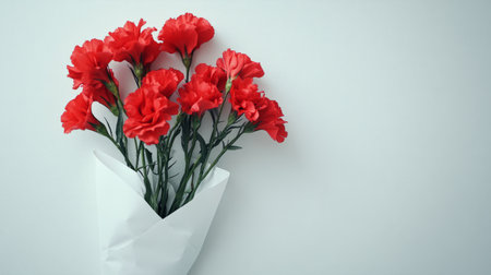 Bright red carnations in a white envelope on a light gray background, classic and bold, generative aiの素材