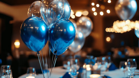 Blue and silver balloons in an anniversary atmosphere, elegant decoration with candles generative aiの素材