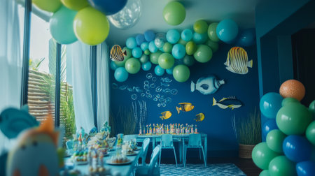 Blue and green balloons in an underwater themed birthday room generative aiの素材