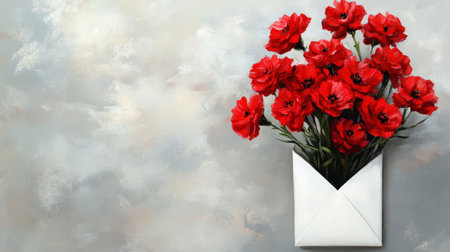 Bright red carnations in a white envelope on a light gray background, classic and bold, generative aiの素材