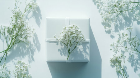 gift box and bouquet of gypsophila flowers on a clean white table, generative aiの素材