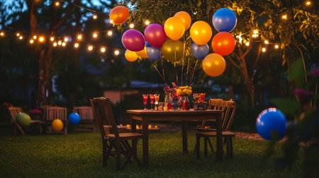 Colorful balloons at a garden party, outdoor scene generative aiの素材