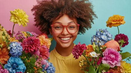 Cheerful woman holding a vibrant bouquet of assorted flowers, smiling happily on a pastel background generative aiの素材