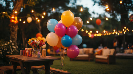 Colorful balloons at a garden party, outdoor scene generative aiの素材
