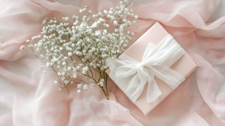 Gift box with delicate gypsophila flowers on a soft pink cloth, generative aiの素材