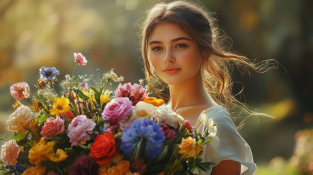 Beautiful young woman with a huge bouquet of colorful flowers generative aiの素材