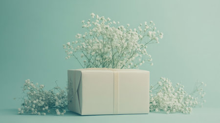 Beautiful gift box with gypsophila flowers around it, placed on a soft pastel background, generative aiの素材