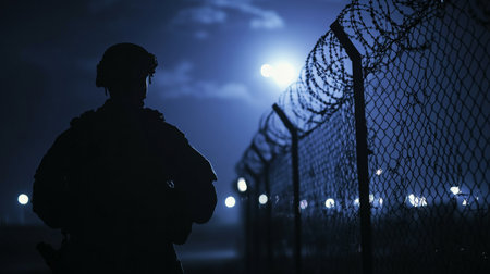 soldier guarding the perimeter of a base at night, barbed wire generative aiの素材