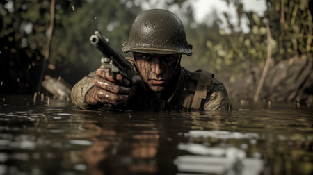 Soldier standing in waist-deep water, holding gun above waterline generative aiの素材