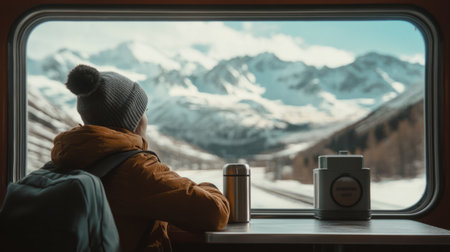 Traveler with a thermos on the table, contemplating the snow-capped peaks through the train window. generative aiの素材
