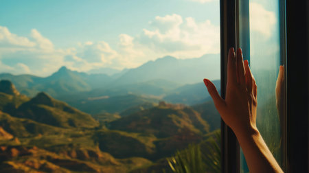 traveler's hand clinging to the window frame, mountains in the distance generative aiの素材