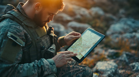 Soldier checking a map on a digital tablet, surrounded by rugged terrain generative aiの素材