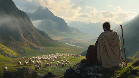 Shepherd sitting on a rock with a staff at his side, sheep grazing in a valley generative aiの素材