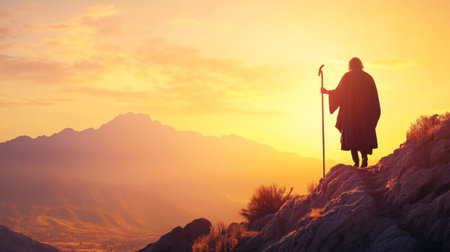 Silhouette of a shepherd with a staff walking along a mountain ridge at sunrise generative aiの素材