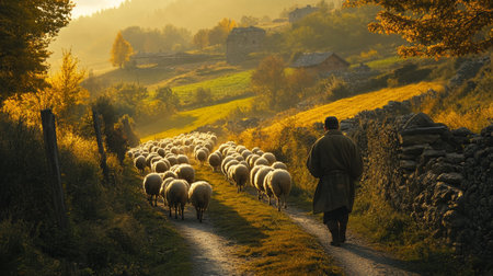 Shepherd leading sheep along a narrow country road generative aiの素材