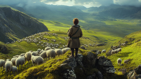 Shepherd standing on top of a hill, contemplating a flock scattered across a meadow generative aiの素材