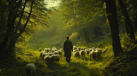 Shepherd walking in a forest clearing, sheep grouped around generative aiの素材