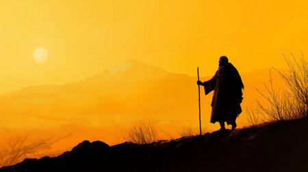Silhouette of a shepherd with a staff walking along a mountain ridge at sunrise generative aiの素材