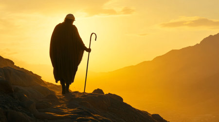 Silhouette of a shepherd with a staff walking along a mountain ridge at sunrise generative aiの素材