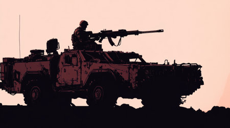 silhouette, soldier loading a heavy machine gun into a military vehicle generative aiの素材