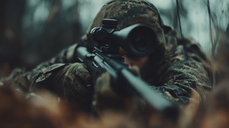 Soldier adjusting the sights of his rifle while lying face down generative aiの素材