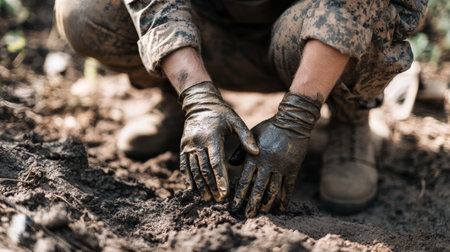 Soldier applying camouflage paint on his hands while kneeling on the ground generative aiの素材
