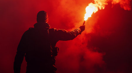 Silhouette of a soldier holding a flare in one hand, pointing in the dark, generative aiの素材