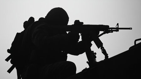 silhouette, soldier loading a heavy machine gun into a military vehicle generative aiの素材